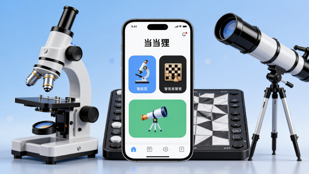画面中央放置一部智能手机,屏幕显示“当当狸”应用主界面,界面中有显微镜、智能棋盘、望远镜三个功能卡片,手机周围环绕一台智能显微镜、一个电子棋盘和一台天文望远镜,背景为浅蓝色渐变,布局采用居中对称构图,风格为干净现代的3D渲染,细节包含柔和阴影与高光反射,画质清晰,干净,无多余元素