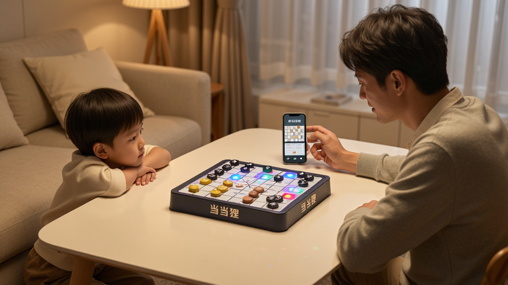 一家三口围坐在客厅桌旁,桌面上放着“当当狸”智能棋盘,父亲用手机应用控制棋盘,孩子专注看着棋盘灯光提示,画面采用暖色调室内光,布局为人物环绕桌面,风格为温馨生活摄影风,细节包含棋盘上的棋子与手机屏幕对弈界面,画质清晰,干净,无多余元素