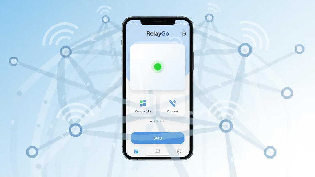 画面中央放置一部智能手机,手机屏幕上显示“RelayGo”应用主界面,界面包含连接状态指示灯与简洁的功能按钮,手机周围以半透明线条勾勒出数据中继与网络节点的抽象示意,背景为浅蓝到白色的渐变,整体采用扁平化科技风格,细节干净利落,画质清晰,无多余元素