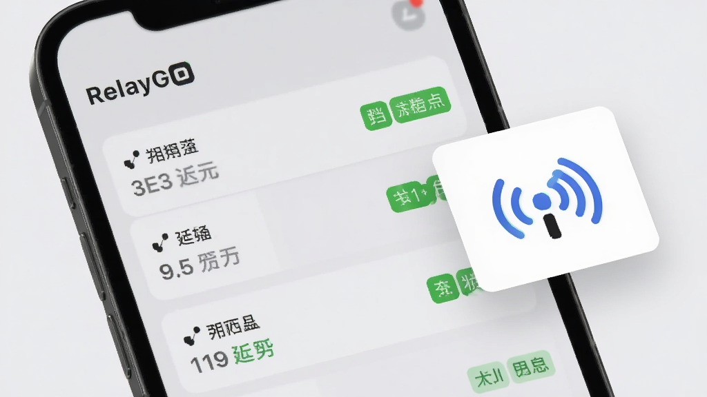 手机屏幕特写,屏幕上显示“RelayGo”节点列表界面,列表项带有延迟数值与状态标签,界面风格清爽,背景为浅灰色,画面右侧以悬浮卡片形式展示网络信号图标,整体排版整齐,画质细腻,无杂乱元素