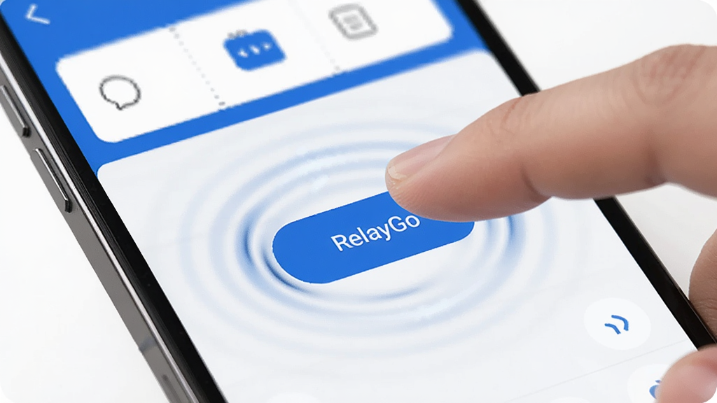 画面展示一只手点击手机屏幕上的“RelayGo”切换按钮,按钮周围有动态涟漪效果,屏幕背景为应用节点选择界面,整体色调为蓝白搭配,风格简约,细节清晰,画质干净,无多余元素