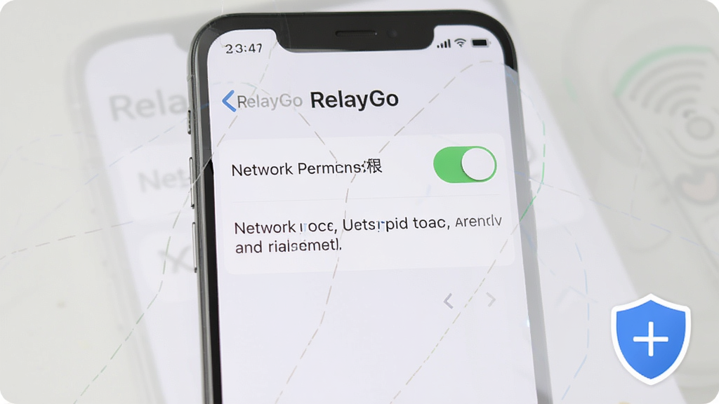 手机屏幕展示“RelayGo”权限设置引导页面,页面中包含网络权限开关与说明文字,背景为浅色简洁风格,画面右下角有盾牌图标示意安全,整体排版清晰,画质干净,无多余元素