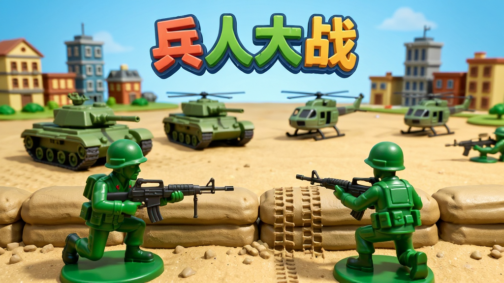 画面主体为卡通风格的玩具士兵战场全景,前景是绿色塑料兵人手持步枪蹲在沙盘掩体后方,中景排列着迷你坦克与直升机模型,背景是微缩城市建筑与蓝色天空,布局采用俯视45度视角展现战场纵深,排版将游戏名称“兵人大战”以立体玩具字体置于画面顶部中央,风格为3D卡通渲染与玩具质感结合,细节包括兵人表面的塑料光泽、沙盘颗粒纹理、坦克履带印痕,画质清晰明亮,画面干净无多余元素