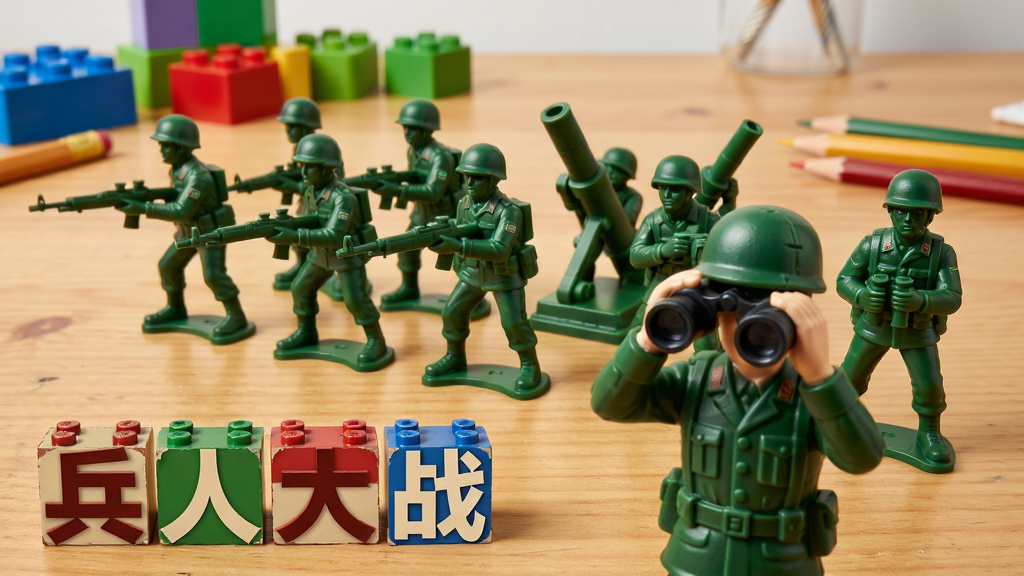 画面主体为一组绿色塑料玩具士兵列队站在木质书桌上,前景是手持望远镜的指挥官兵人,中景是排列整齐的步枪兵与迫击炮兵,背景散落着彩色积木与铅笔,布局采用低角度仰拍突出兵人阵列的仪式感,排版将“兵人大战”字样以积木拼字形式放置在画面左下角,风格为写实玩具摄影与卡通渲染混合,细节包括塑料兵人的模具接缝、桌面木纹、积木边缘的磨损痕迹,画质细腻,画面干净无多余元素