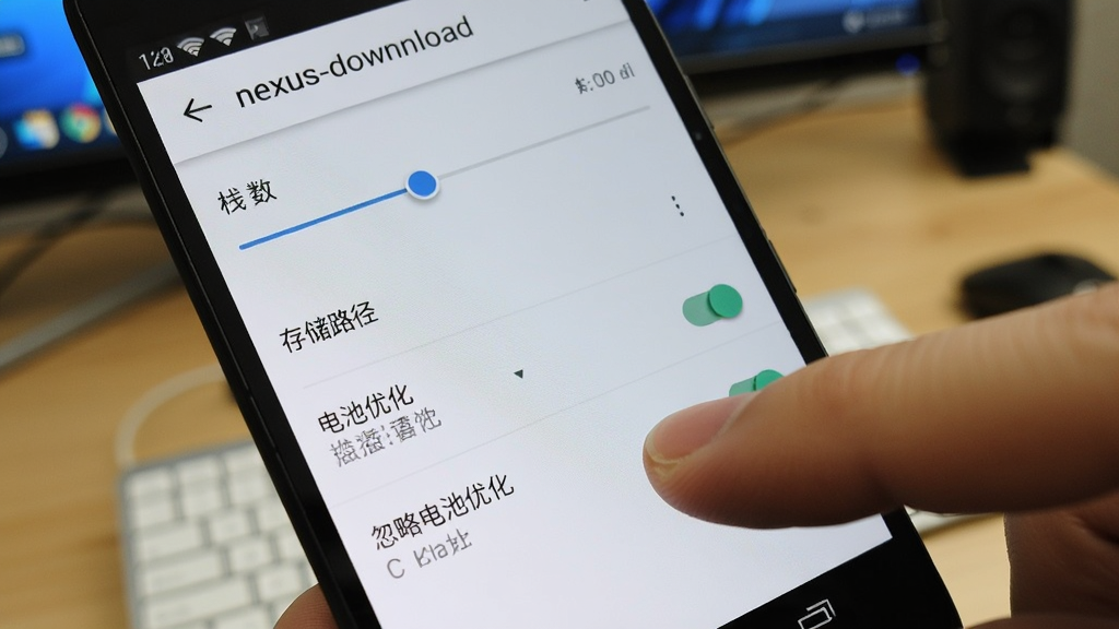 画面展示一部安卓手机屏幕特写,屏幕内为 nexus_download 的设置页面,包含线程数滑块、存储路径选择项和电池优化开关,一只手正点击“忽略电池优化”选项,背景为模糊的桌面环境,风格为写实产品使用场景图,细节上突出手指与屏幕的交互感,画质清晰,构图紧凑无杂乱