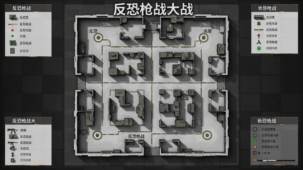 主体为反恐枪战大战游戏地图俯视示意图,布局为方形地图占据画面主要区域,排版四周配少量图例说明块,风格为战术沙盘风格,细节包括建筑轮廓、通道线条、点位标记圆圈、阴影层次,画质高清干净、无多余元素,图中文字标注“反恐枪战大战”