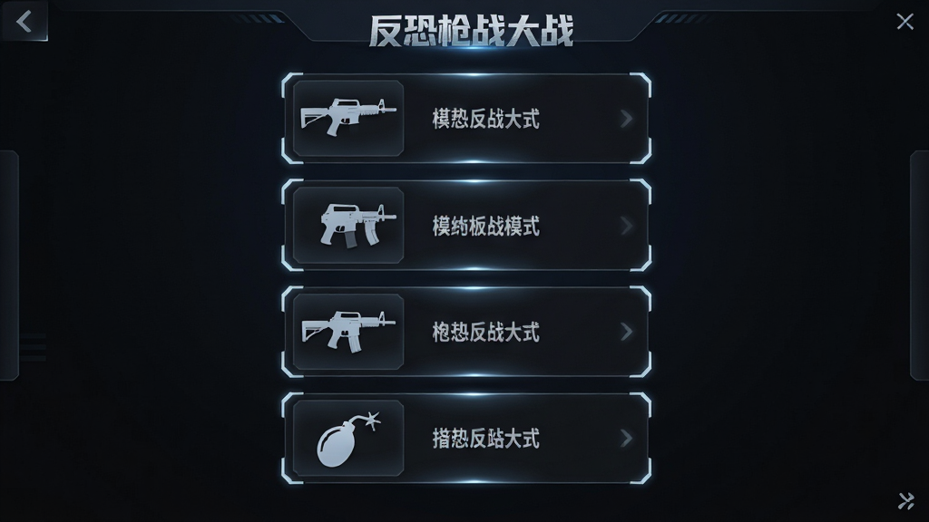 主体为反恐枪战大战游戏内多模式选择界面概念图,布局为中央纵向排列四个模式入口卡片,排版上每个卡片配图标与简短标签,风格为深色科技感UI界面,细节包括卡片边角高光、背景暗色渐变、图标为枪械与炸弹剪影,画质清晰干净、无多余装饰元素,画面中文字标注“反恐枪战大战”