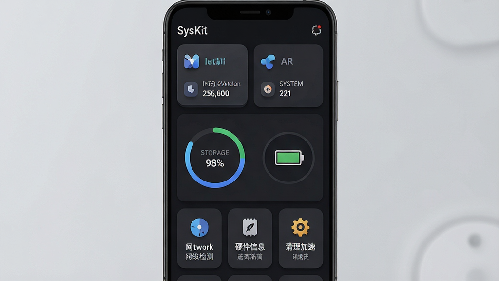 一张展示SysKit软件主界面的手机屏幕渲染图,画面中央是名为