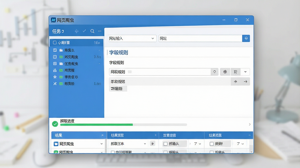 一张展示网页爬虫软件主界面的预览图,画面中央是简洁的软件窗口,左侧为任务列表区域,右侧为网址输入框与字段规则配置面板,窗口下方显示抓取进度条与结果预览表格,整体采用蓝白配色,扁平化设计风格,界面干净整洁,无多余装饰元素,高清画质,软件名称“网页爬虫”以清晰字体显示在窗口标题栏