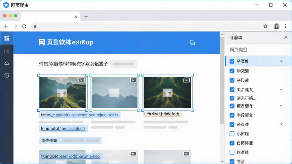 网页爬虫软件的可视化字段配置界面预览图,画面中显示一个网页页面被加载在软件内置浏览器中,页面上的标题、图片、链接等元素被高亮框选,右侧面板列出可勾选的字段选项,界面风格清爽,蓝白主色调,扁平化设计,画面干净无杂乱元素,软件名称“网页爬虫”显示在窗口顶部