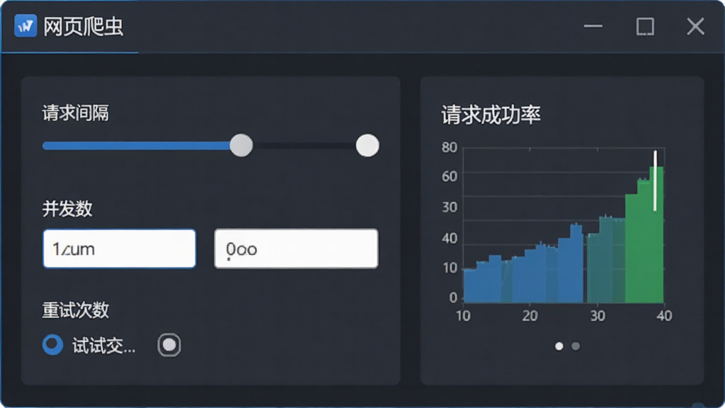 网页爬虫软件的请求调度设置面板预览图,画面中显示请求间隔滑块、并发数输入框与重试次数选项,面板右侧有一个小型进度图表展示请求成功率,整体采用深灰色与蓝色搭配的商务风格,布局清晰,画面干净,软件名称“网页爬虫”显示在面板左上角