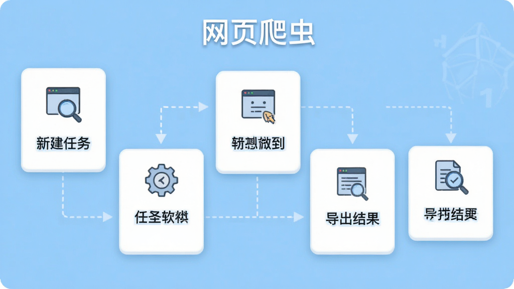 网页爬虫软件新手操作流程图预览图,画面以流程图形式展示从新建任务到导出结果的五个步骤,每个步骤配有简洁图标与文字说明,整体采用浅蓝色背景与白色卡片式布局,风格清新易读,画面干净无多余装饰,软件名称“网页爬虫”显示在流程图顶部