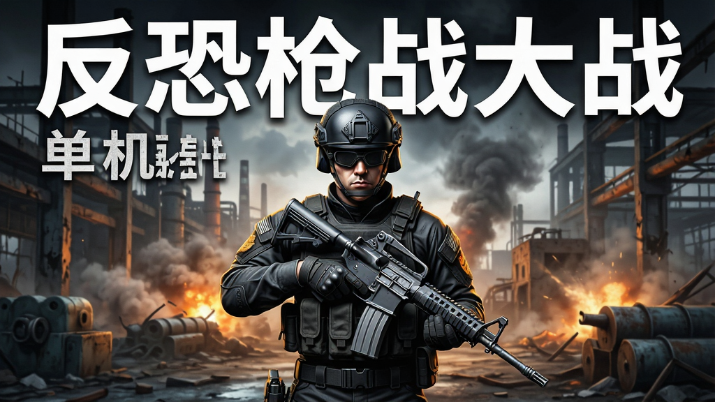 一张竖版手机游戏宣传图,画面中央是一名身穿黑色战术装备、手持突击步枪的特警队员半身像,背景为废弃工厂与硝烟弥漫的战场,画面顶部用粗体白色大字写