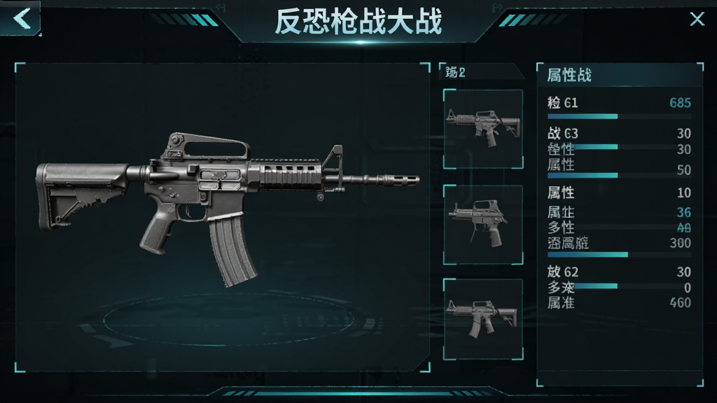 游戏内武器选择界面示意图,画面左侧为一把突击步枪的三维展示模型,右侧为配件槽位与属性数值面板,界面采用深色科技风格,蓝绿色高亮线条,顶部写