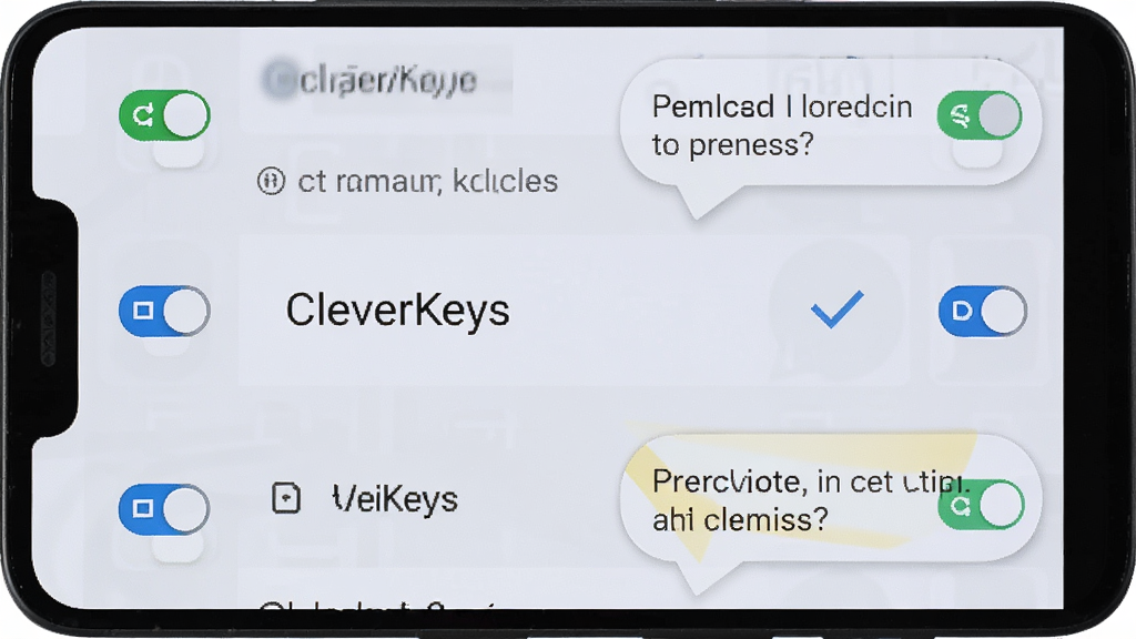 一部安卓手机屏幕显示系统输入法管理界面,CleverKeys选项旁有勾选标记,界面周围有权限开关图标与提示气泡,风格简洁明了,浅色背景,画质清晰,无多余装饰