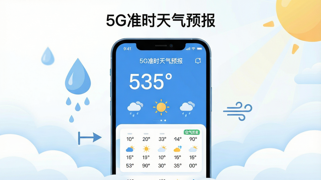 画面主体是一部智能手机居中竖放,屏幕上显示“5G准时天气预报”应用界面,包含大号温度数字、天气图标与逐小时预报卡片;布局为手机居中、四周环绕柔和云朵与阳光元素;排版简洁,上方留白放置应用名称文字;风格为清新扁平化插画,蓝白主色调;细节包括雨滴、风向箭头、空气质量小标签;画质清晰干净,无多余元素