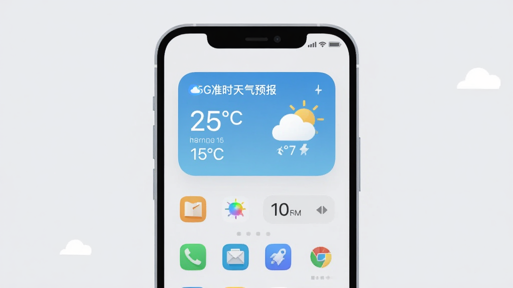 画面主体是一部手机桌面,桌面上放置“5G准时天气预报”小组件,显示温度与天气图标;布局为手机居中、小组件位于桌面上方;排版简洁;风格为现代扁平化UI插画,浅灰背景;细节包括应用图标、时间显示、云朵与太阳;画质清晰干净,无多余元素