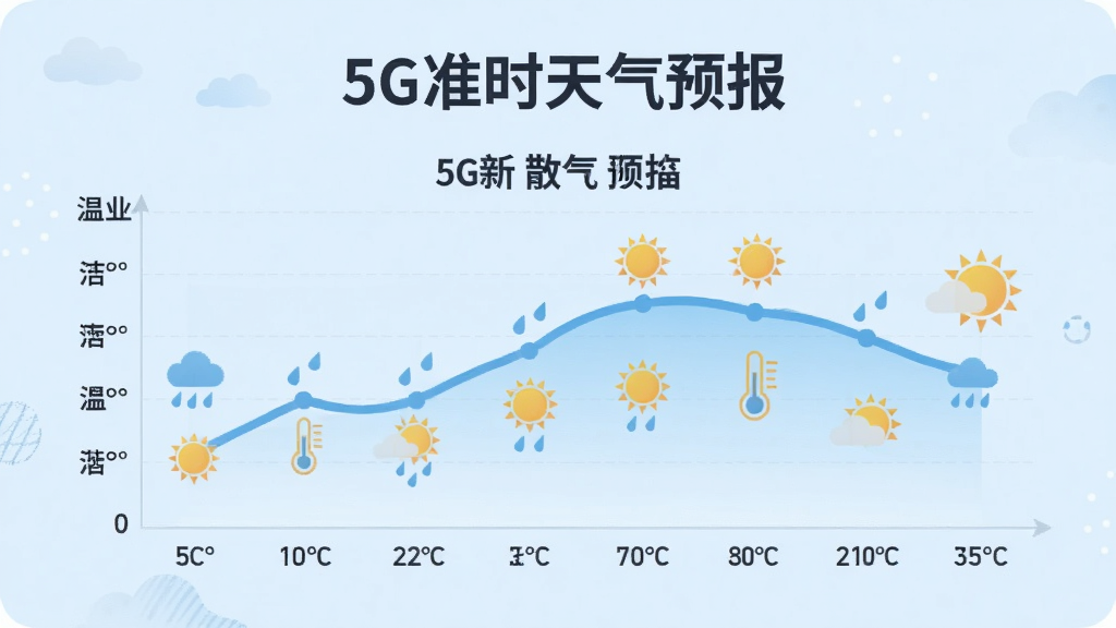画面主体是“5G准时天气预报”的逐小时天气曲线图表,横轴为时间、纵轴为温度;布局为图表占据画面中央,上方有应用名称文字;排版横向展开;风格为清爽数据可视化插画,浅蓝背景;细节包括折线、雨滴图标、太阳图标、温度刻度;画质清晰干净,无多余元素