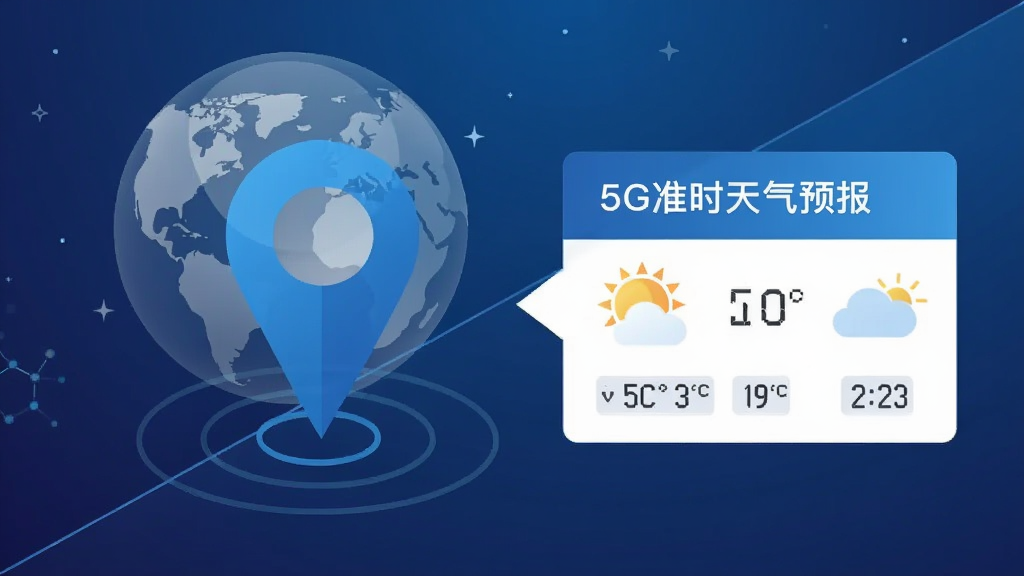 画面主体是一个半透明的地球与定位图钉,图钉下方连接“5G准时天气预报”的天气信息卡片;布局为图钉居中偏左、卡片在右;排版采用对角线构图;风格为科技感扁平插画,深蓝渐变背景;细节包括定位波纹、温度数字、云朵图标;画质清晰干净,无多余元素