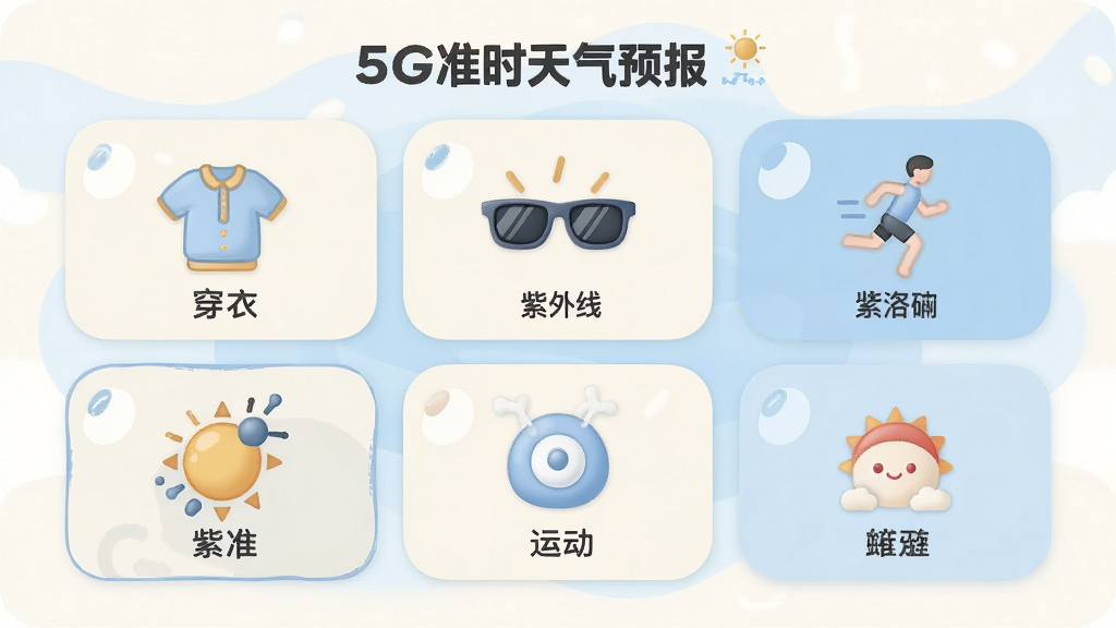 画面主体是“5G准时天气预报”生活指数卡片组,包含穿衣、紫外线、运动等图标;布局为卡片两行三列排列;排版整齐居中;风格为柔和圆角扁平插画,米白与浅蓝配色;细节包括小衣服图标、太阳镜图标、跑步小人图标;画质清晰干净,无多余元素