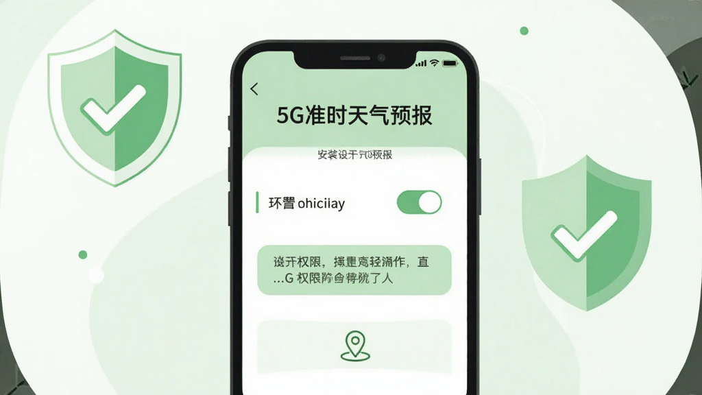 画面主体是一部手机屏幕展示“5G准时天气预报”安装权限设置界面,旁边配有盾牌与对勾图标;布局为手机居中、盾牌在左上角;排版简洁;风格为扁平化安全提示插画,浅绿与白色配色;细节包括权限开关、提示文字框、定位图标;画质清晰干净,无多余元素