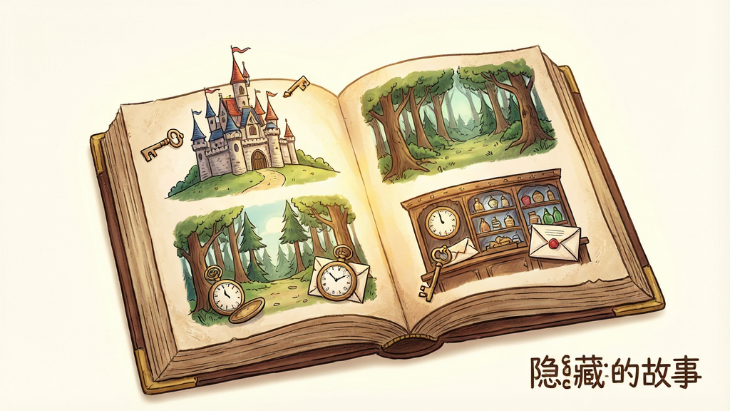 一张手机游戏场景插画,画面中央是一本摊开的复古故事书,书页上浮现出城堡、森林、钟表店等多个精致手绘场景,场景中巧妙隐藏着钥匙、怀表、信件等小物件,柔和暖光从书页间透出,风格为细腻的手绘插画风,布局疏密有致,细节丰富,画质清晰干净,画面中带有“隐藏的故事”字样,整体无多余装饰元素