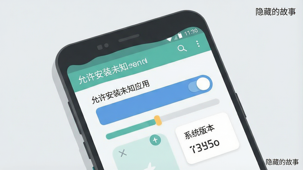 一张手机游戏安装设置示意图,画面为安卓手机设置界面的插画风格,屏幕上显示“允许安装未知应用”的开关按钮,旁边有存储空间进度条与系统版本信息卡片,背景为浅灰色简洁布局,风格为扁平化UI插画,色调清爽,细节清晰,画质干净,画面中带有“隐藏的故事”小字标识,无多余元素