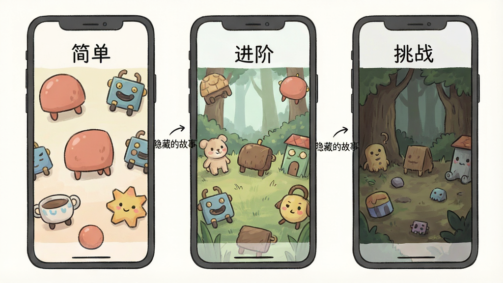 一张游戏关卡难度递进的示意图,画面分为三个并排的手机屏幕,从左到右分别展示简单、中等、困难三个寻物场景,左侧场景物品大而明显,中间场景物品开始融入背景,右侧场景物品细小且颜色接近环境,三个屏幕上方分别标注“简单”“进阶”“挑战”,手绘插画风格,色调柔和,布局整齐,画质清晰,画面中带有“隐藏的故事”字样,干净无多余元素