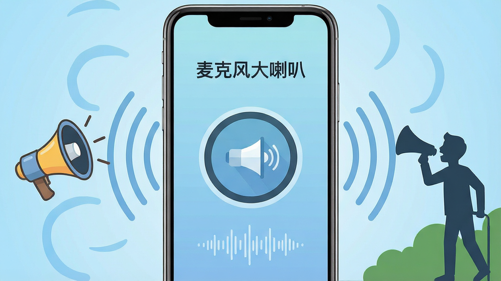 画面中央放置一部智能手机,手机屏幕显示“麦克风大喇叭”应用主界面,界面中央有一个醒目的圆形扩音按钮和音量波形图案;手机周围环绕声波扩散的视觉符号,背景为浅蓝色渐变,左侧有卡通风格的小喇叭图标,右侧有户外喊话的人物剪影;整体风格清爽扁平化,布局居中对称,细节干净利落,画质清晰锐利,无多余装饰元素