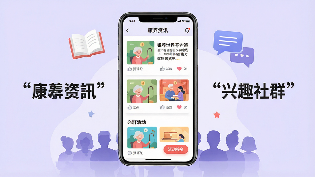 银龄世界养老康养资讯与社交界面展示,画面中央为手机屏幕,显示养生文章列表与社群活动卡片,包含图文缩略图、点赞评论图标与活动报名按钮,背景为淡紫色渐变,排版为居中对称构图,风格为活力插画,细节包含书本图标、对话气泡与人群剪影,画质清晰干净,文字加引号标注“康养资讯”“兴趣社群”,无多余元素