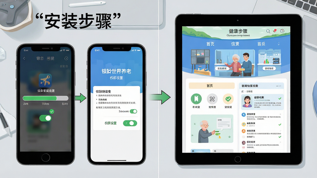 银龄世界养老安卓版安装步骤示意图,画面主体为一部手机与平板电脑并排展示,手机屏幕显示应用安装进度条与权限设置界面,平板屏幕显示软件首页与健康档案页面,背景为浅灰色工作台面,排版为左右对比构图,风格为清晰教程插画,细节包含安装箭头、权限开关图标与勾选标记,画质清晰干净,文字加引号标注“安装步骤”“权限设置”,无多余元素