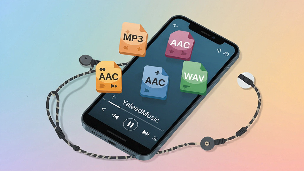 �ֻ���Ļ��ʾYaleedMusic���Ž��棬��Ļ��Ư����MP3��AAC��WAV�ȸ�ʽ��ǩͼ�꣬�����߻����ֻ�������Ϊ��ͽ���ɫ������ƽ����Ʒ��ϸ�����������ʸɾ����޶���Ԫ��