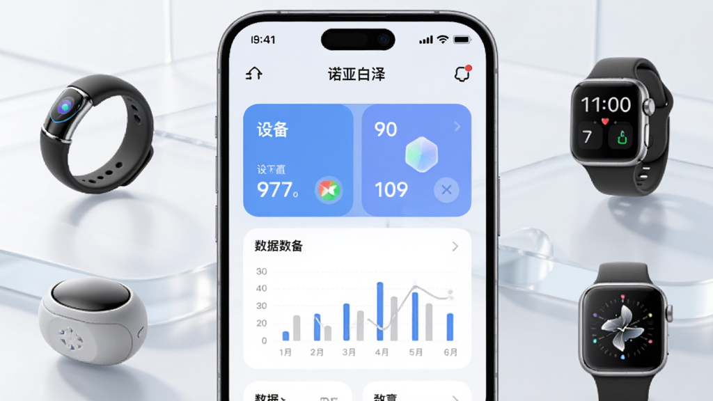 画面中央放置一部智能手机,屏幕上显示“诺亚白泽”应用主界面,界面包含设备状态卡片与数据图表,手机周围环绕智能戒指、智能手表等小型硬件产品,背景为浅色渐变科技感空间,布局采用居中对称构图,风格为简洁现代产品渲染图,细节包括柔和光影与半透明玻璃质感,画质高清干净无多余元素