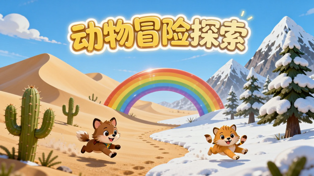 卡通小动物在沙漠与雪山两种地形交界处奔跑,画面左侧是金色沙丘和仙人掌,右侧是白雪覆盖的松树,中间有彩虹桥连接,上方悬浮