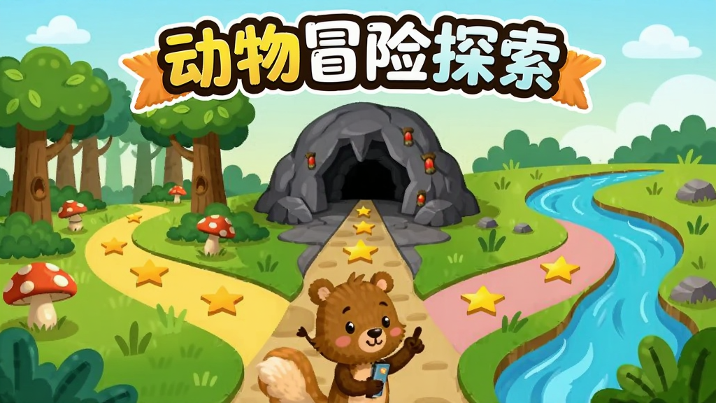 卡通小动物站在分岔路口,面前有三条不同颜色的路径分别通往森林、洞穴和河流,每条路径上有星星标记,画面顶部有