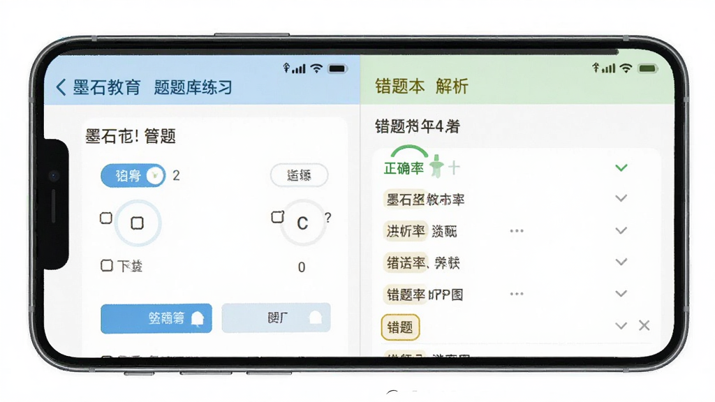 墨石教育APP题库练习页面,手机屏幕显示选择题答题界面与错题本列表,主体为一部智能手机正面展示,布局左右分栏展示答题与解析,排版工整,风格为清爽浅色教育类界面,细节包含选项按钮、正确率统计、错题标签,画质清晰,干净,无多余元素