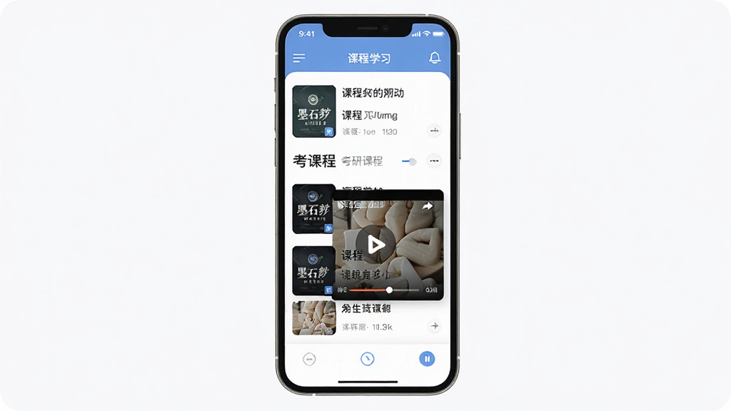 墨石教育APP课程学习界面展示,手机屏幕中呈现考研课程列表与视频播放页面,主体为一部竖屏智能手机,布局居中,排版简洁清晰,风格为现代扁平化教育类UI设计,细节包含课程封面、进度条、倍速按钮,画质高清,干净,无多余元素