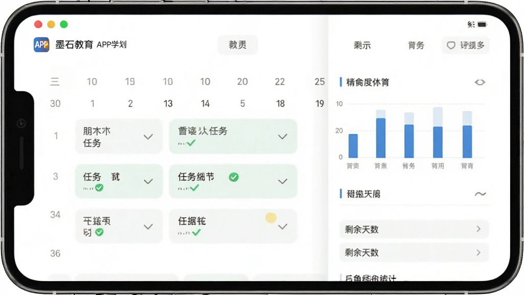 墨石教育APP学习计划页面,手机屏幕展示日历式学习任务安排与进度统计图表,主体为一部竖屏手机,布局上下结构,排版规整,风格为简约商务风教育应用界面,细节包含任务勾选、柱状图、剩余天数提示,画质高清,干净,无多余元素