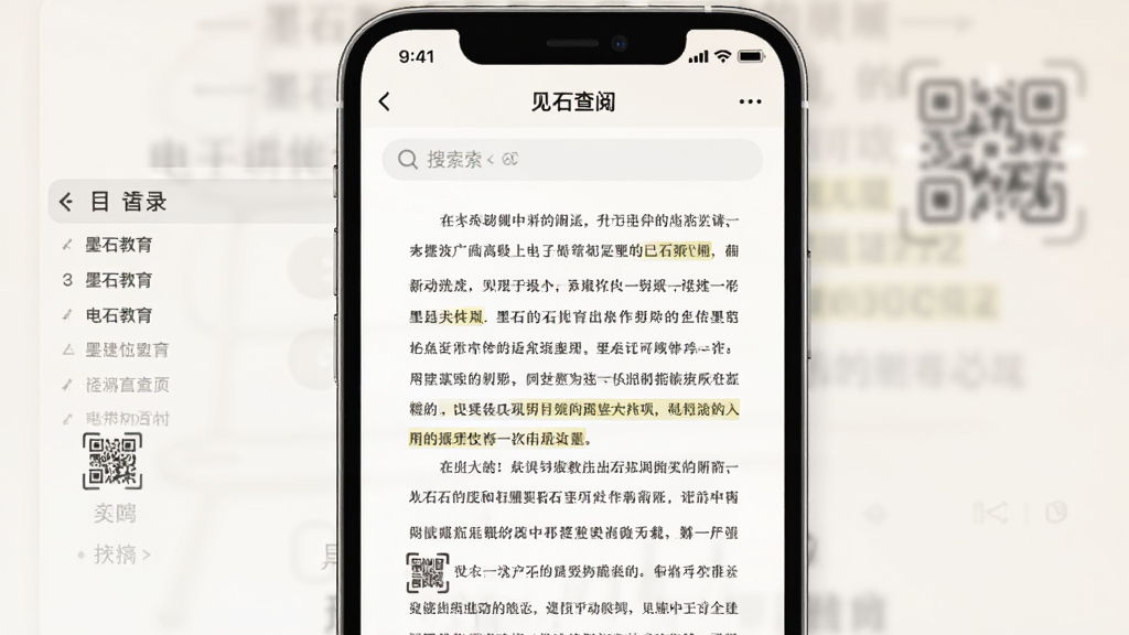 墨石教育APP资料查阅页面,手机屏幕显示电子讲义阅读界面与搜索框,主体为一部智能手机,布局居中展示阅读内容,排版疏朗,风格为柔和浅色阅读类界面,细节包含目录侧边栏、高亮标注、扫码入口,画质清晰,干净,无多余元素