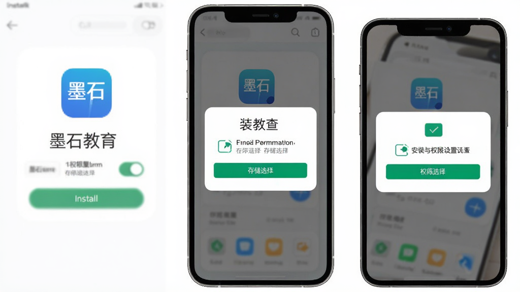 墨石教育APP安装与权限设置示意图,手机屏幕展示应用安装界面与权限授权弹窗,主体为一部智能手机,布局居中,排版清晰,风格为简洁操作指引类界面,细节包含安装按钮、权限开关、存储选择提示,画质高清,干净,无多余元素