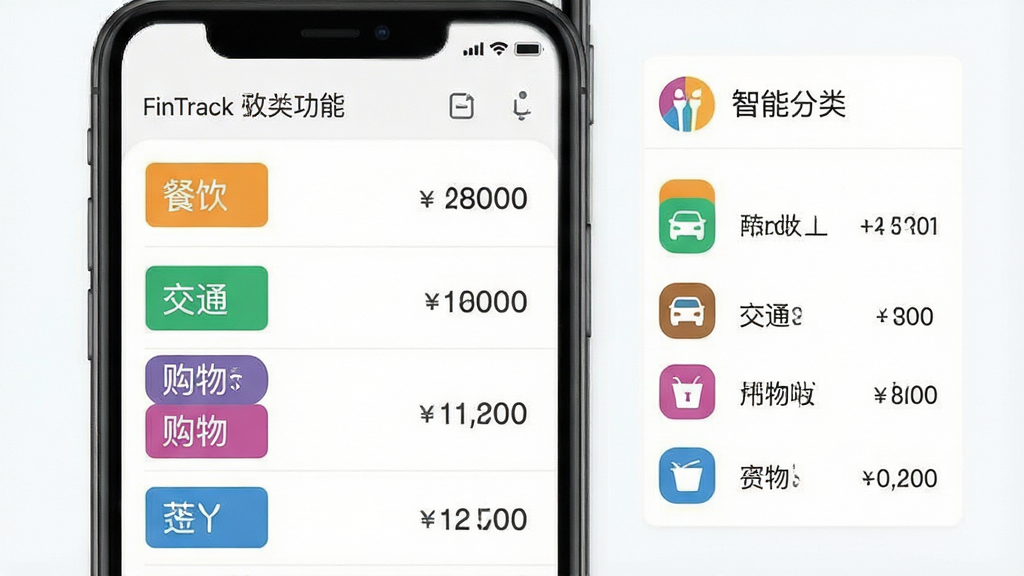 一张展示FinTrack智能分类功能的界面示意图,画面主体为手机屏幕特写,屏幕上显示多条收支记录按照餐饮、交通、购物等彩色分类标签整齐排列,旁边有分类图标和金额数字,布局为左侧手机右侧分类图例,风格为清爽的扁平化UI设计,细节包括清晰的分类色块和数字排版,画质干净明亮,无杂乱元素