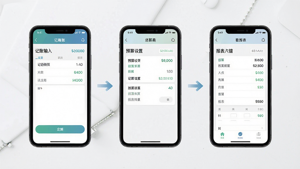 一张展示手机记账应用操作流程的示意图,画面为三部手机并排展示,从左到右依次为记账输入界面、预算设置界面和报表查看界面,布局为横向排列,风格为简洁的UI流程图样式,细节包括箭头指示和清晰的界面元素,画质干净清晰,无多余背景装饰