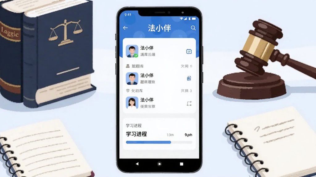 画面中央展示一部竖屏安卓手机,手机屏幕上呈现法小伴应用的主界面,界面包含题库列表与学习进度条,手机两侧环绕法律书籍、法槌、笔记本等学习元素,整体采用扁平化插画风格,色调以蓝白为主,布局居中对称,细节清晰,画质干净,无多余元素