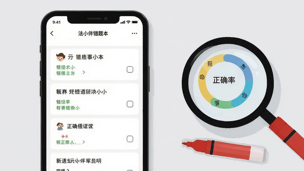 画面主体为一部手机屏幕显示法小伴错题本界面,界面内列出若干错题条目与正确率环形图,手机旁边放置放大镜与红色标记笔,背景为浅灰色,采用清新简约的矢量插画风格,布局左侧手机右侧图表,细节丰富,画质清晰,无杂乱元素