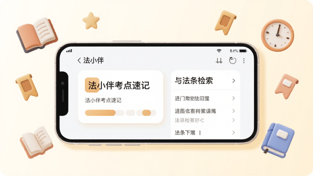 画面展示一部手机横屏放置,屏幕内呈现法小伴考点速记卡片与法条检索界面,手机周围漂浮着书本、书签、时钟等小图标,风格为柔和圆角扁平插画,色调温暖明亮,主体居中,排版疏朗,画质干净,无多余装饰