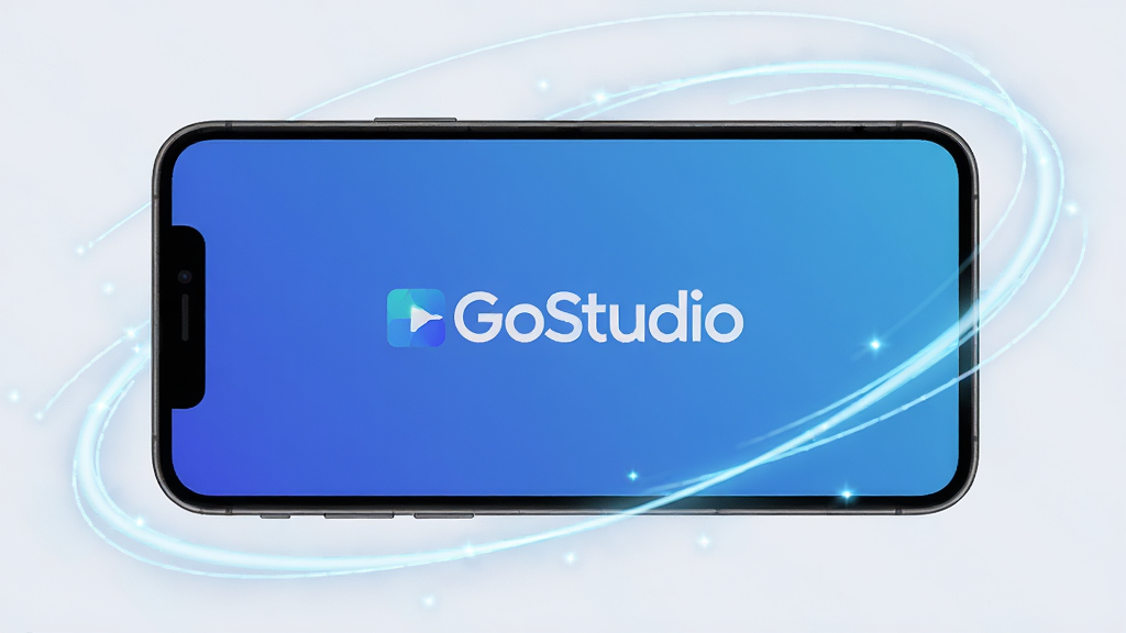 一部手机屏幕显示GoStudio启动界面,界面中央有“GoStudio”标志,背景为渐变蓝色,手机周围有轻盈的光效线条环绕,象征快速启动;整体风格科技感与简洁感结合,画质清晰干净,无多余装饰元素