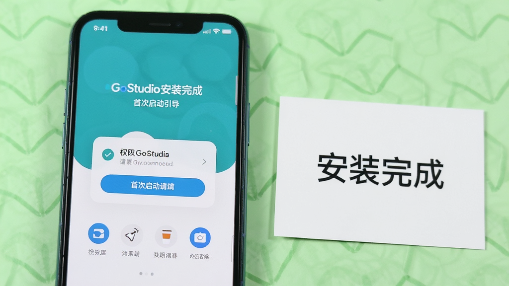 一部手机屏幕显示GoStudio安装完成后的首次启动引导页面,页面中有权限请求弹窗和简洁的图标说明,手机旁边放置一张写有“安装完成”字样的卡片;整体风格清新明快,背景为浅绿色,画质清晰干净,无多余元素