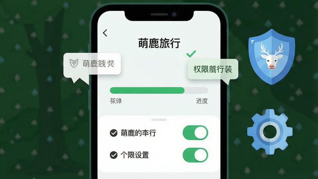 一张手机应用安装与权限设置示意图,画面为手机屏幕显示安装进度条与权限开关界面,旁边配有盾牌与齿轮图标,风格扁平科技感,细节包括勾选标记与提示气泡,画质清晰,干净无多余元素,图中文字为“萌鹿旅行”