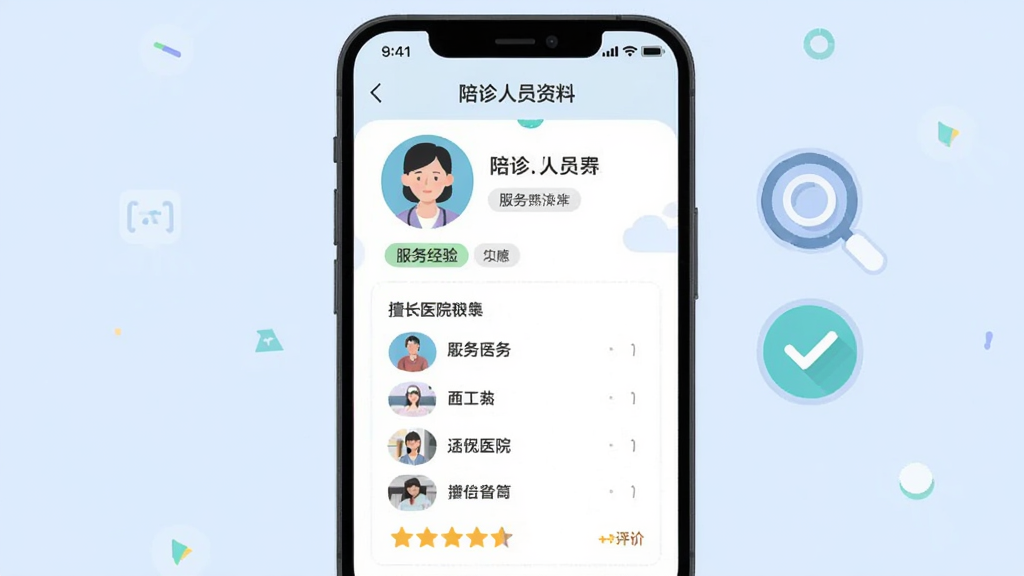 手机屏幕显示陪诊人员资料页面,页面中有头像、服务经验标签、擅长医院列表与评价星级,旁边放置放大镜与勾选图标,布局为左右分栏,风格为清爽扁平插画,细节清晰,画质干净,无多余元素