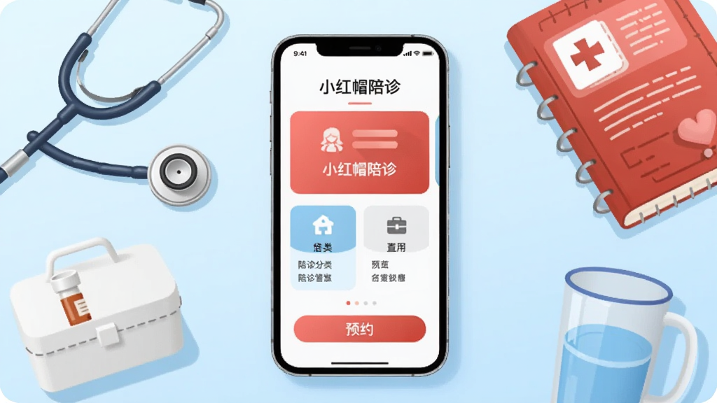 画面中央放置一部智能手机,手机屏幕上显示“小红帽陪诊”应用首页界面,界面中有陪诊服务分类卡片与预约按钮,手机周围分布听诊器、药盒、病历本、水杯等医疗陪诊相关物件,背景为浅蓝色渐变,布局简洁居中,风格为扁平化插画,细节清晰,画质干净明亮,无多余元素